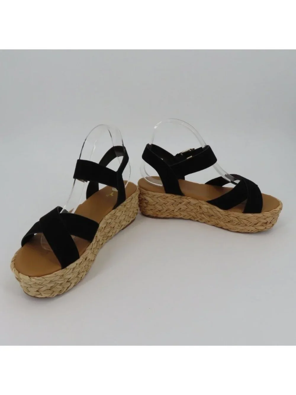 Qupid Women 9 Black Synthetic Strappy Woven Raffia Platform Wedge Sandals Shoes
